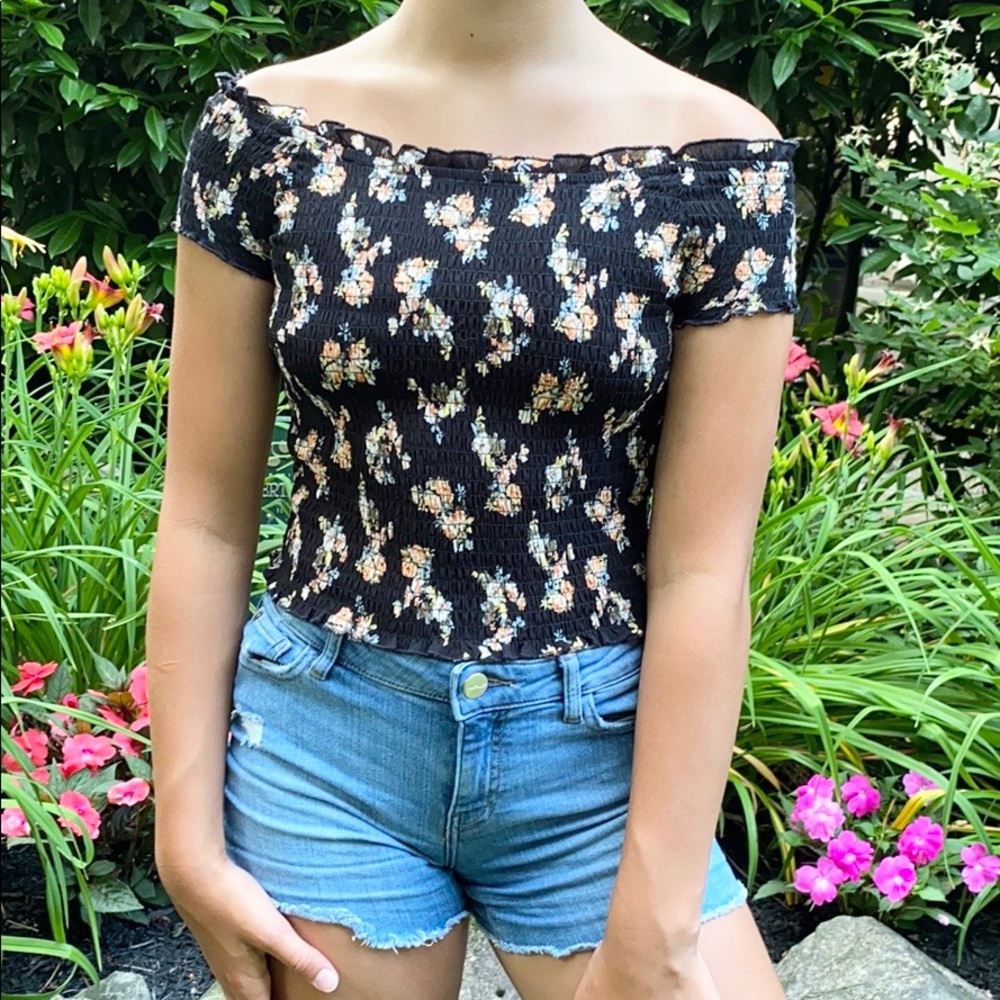 Black floral off the shoulder stretch top